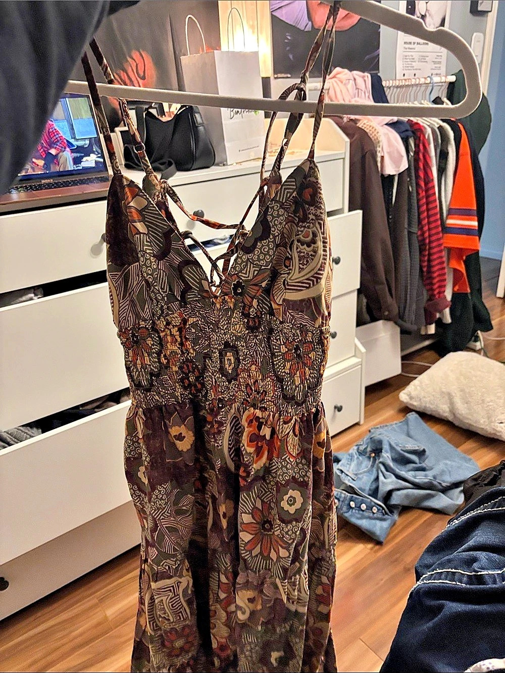 ANGIE Printed sun Dress in Brown & Orange